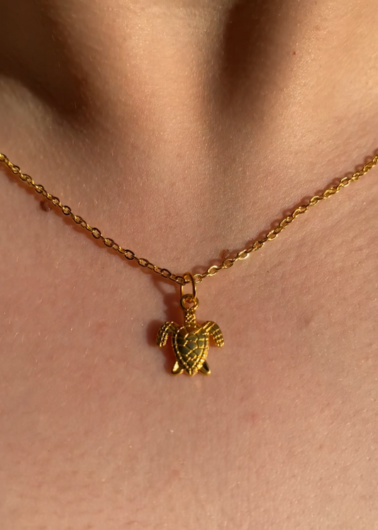 Gold turtle pendant necklace on a person's neck
